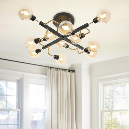 Depuley Sputnik Chandelier with Globe Glass: 12-Light Black and Gold Ceiling Light Fixture for Living Room Bedroom - Vintage Hanging Bubble Chandeliers for Dining Room Office (Included G9 Bulbs)