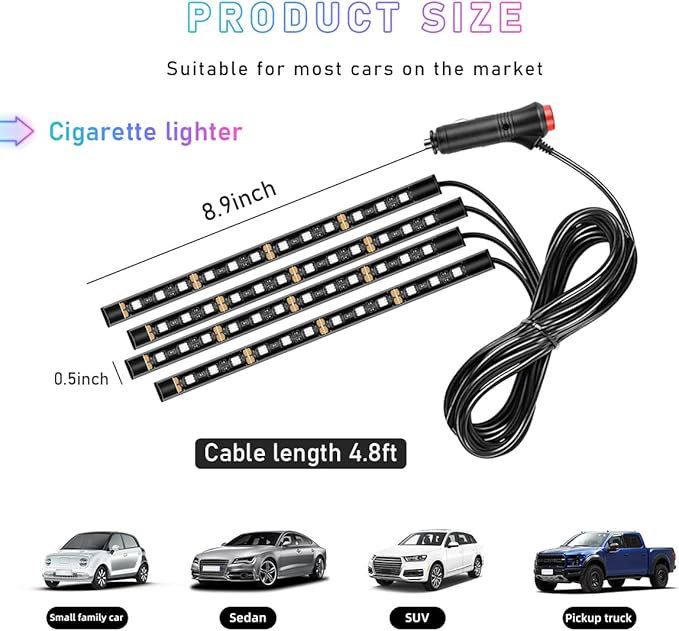 Ohleats Car LED Strip Light, 48 LED RGB Auto Interior Atmosphere Lights, Cigarette Lighter Under Dash Ambient Night Light, Interior Lamp Lighting Kit (Green, Cigarette Lighter)