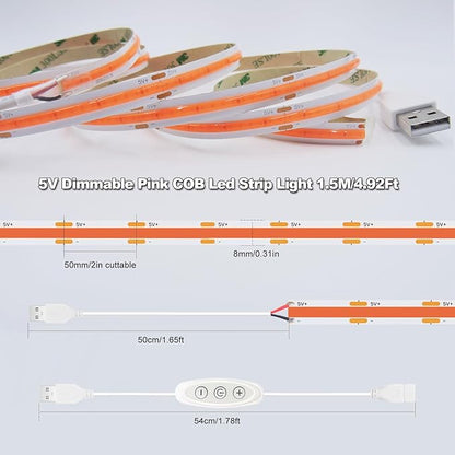 Pink LED Strip Lights USB 5V 4.9ft Small Dimmable COB Light Strip with USB Dimmer Switch for Bedroom, Gaming Setup, TV Backlighting, Vanity Mirror, DIY Crafts, Pink Room Decor