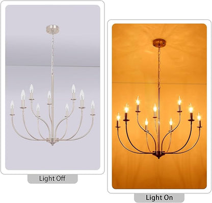 9-Light Farmhouse Chandelier for Dining Room, 2-Tier Brushed Nickel Chandelier, Industrial Modern Chandeliers for Dining Room, Living Room, Bedroom, Entryway, Kitchen