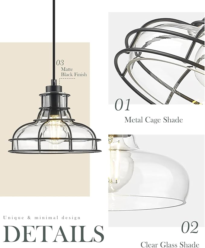 Industrial Pendant Lights Kitchen Island Black 8.7", 2 Pack Hanging Light Fixtures with Clear Glass and Metal Cage, Farmhouse Kitchen Pendant Light for Dining Room, Bedroom, Living Room