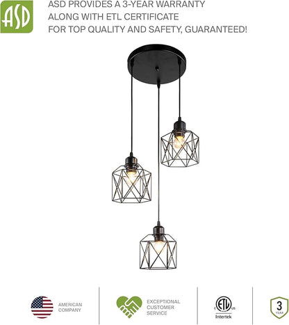 ASD Black Pendant Light Fixture - 3xE26 120V ETL Modern Pendant Lights Kitchen Island, Industrial Hallway, Living Room, Kitchen Island Lighting, Hanging Dining Room Light Fixtures Over Table