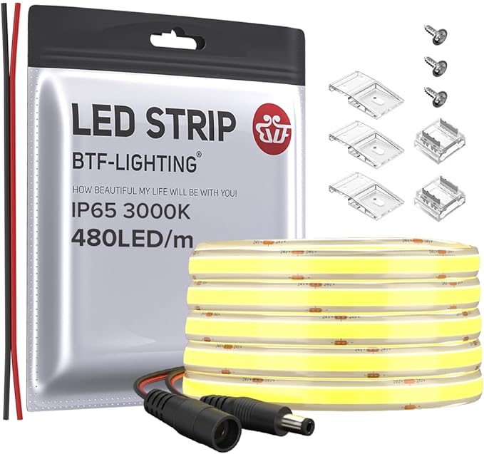 BTF-LIGHTING FCOB COB LED Strip IP65 480LED/m Flexible High Density Uniform Light 9W/m 16.4FT DC12V Warm White 3000K CRI 90+ 8mm Width for Home Indoor Decor(No Adapter or Controller)