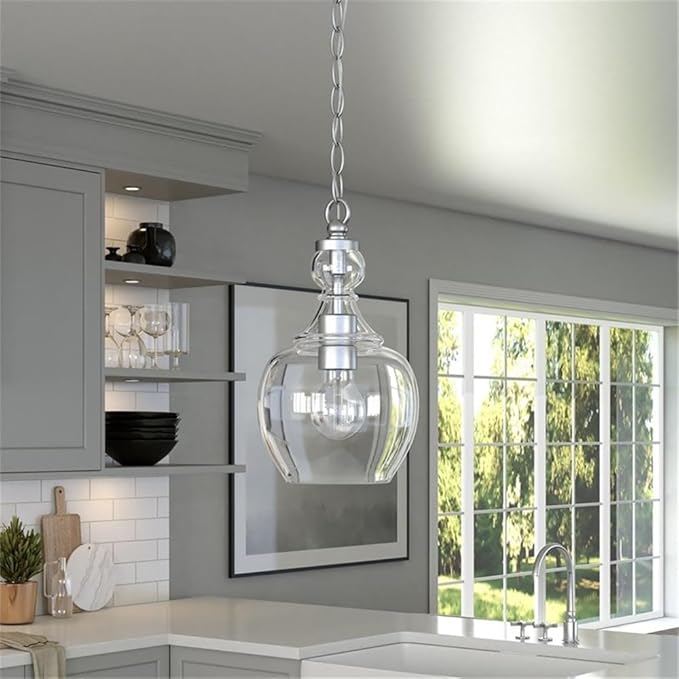 Henn&Hart 7" Wide Pendant with Glass Shade in Brushed Nickel/Clear, Pendant, Flush Mount Ceiling Light Fixture for Kitchen, Living Room
