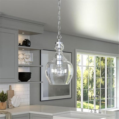 Henn&Hart 7" Wide Pendant with Glass Shade in Brushed Nickel/Clear, Pendant, Flush Mount Ceiling Light Fixture for Kitchen, Living Room