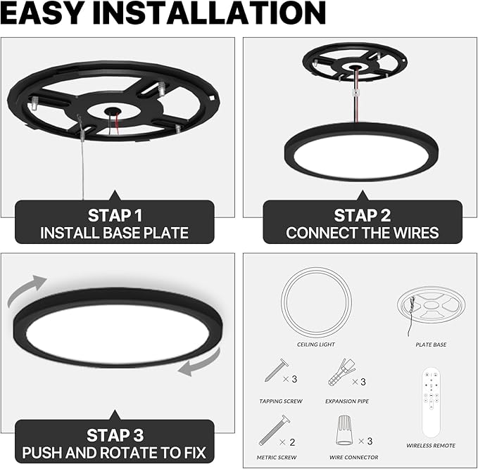 4Pack Dimmable LED Flush Mount Ceiling Light Fixture with Remote Control, 24W 2640LM, 12Inch, 2000K Warm Night Light & 3000K-6500K, Modern Super Slim Ceiling Lamp for Bedroom Kitchen, Black
