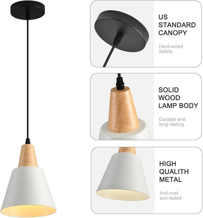2 Pack Pendant Lights, White Pendant Lights Kitchen Island,Wood Dome Minimalist Industrial Ceiling Hanging Lights for Kitchen Island, Barn, Dining Room, Living Room, Bedroom