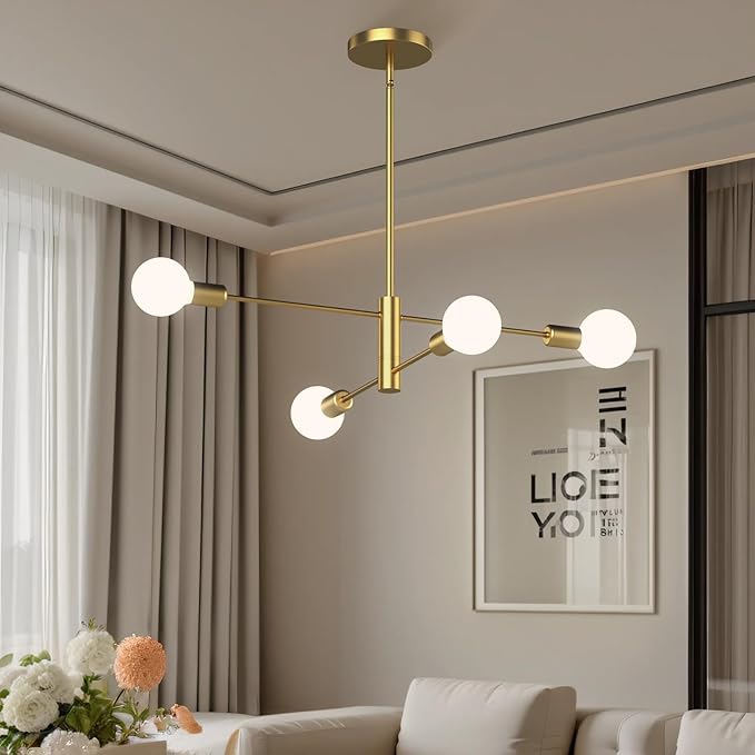 Gold Modern Sputnik Chandelier, 4-Lights Mid Century Chandeliers Flush Mount Sputnik Lights Fixture for Dining Room, Living Room,Kitchen Island Height Adjustable (Bulbs Not Included)