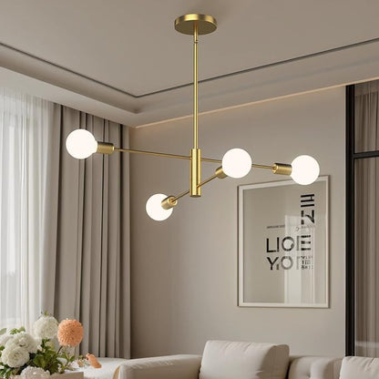 Gold Modern Sputnik Chandelier, 4-Lights Mid Century Chandeliers Flush Mount Sputnik Lights Fixture for Dining Room, Living Room,Kitchen Island Height Adjustable (Bulbs Not Included)