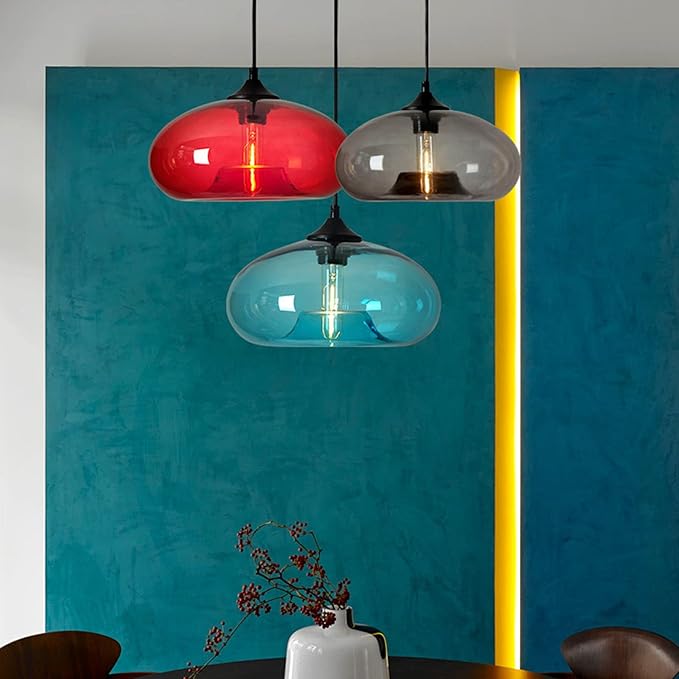 11" Industrial Vintage Colorful Glass Pendant Lighting 1-Light Farmhouse Loft Bar Ceiling Hanging Lamp Kitchen Island Dining Room Bedroom Chandelier (Red)
