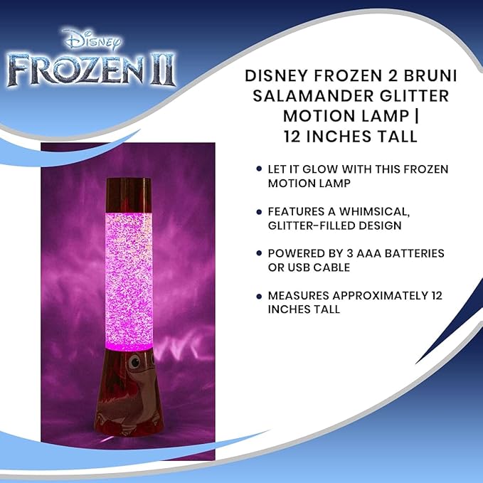 Disney Frozen 2 Bruni Salamander Glitter Motion Lamp | LED Light, Bedside Table Lamp for Desk | Home Decor Accessories And Room Essentials | Official Disney Princess Collectible | 12 Inches Tall
