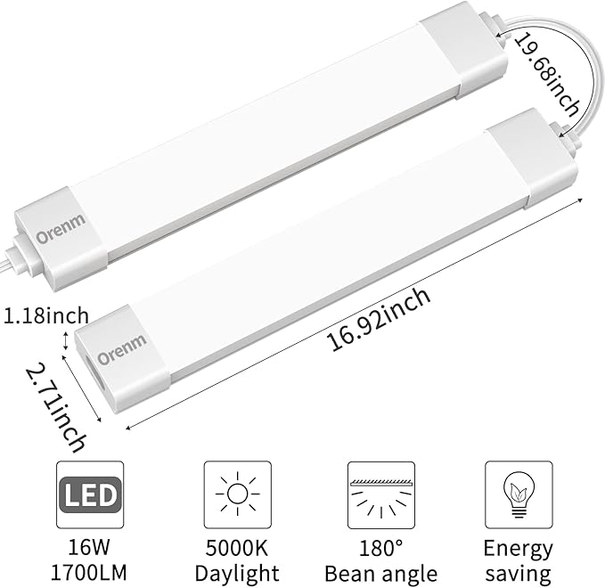 LED Closet Light, 1.4FT 17in with Plug, 16W 1700LM 5000K IP65 Linkable Ceiling Shop Light with NO/Off Switch Plug Cord