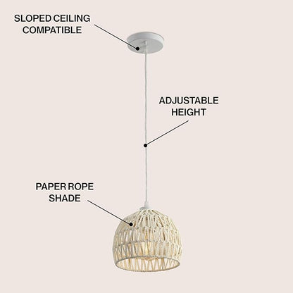 JONATHAN Y 8.25" Cream Modern Bohemian Woven Rope LED Pendant Light Fixture, Adjustable Dome Ceiling Lamp for Kitchen Island, Rope Shade, Coastal Farmhouse Decor (JYL6512C)