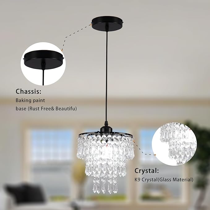 FRIXCHUR Black Small Crystal Chandelier Pendant Light Semi Flush Mount Ceiling Light for Hallway Foyer Closet Bedroom, 7.9 Inch