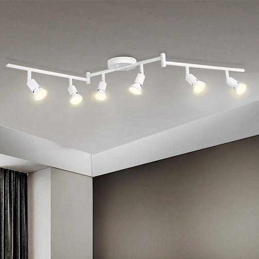 6 Light Track Lighting Fixture, GU10 Rotatable Heads, Matte White, Bulbs Not Included, Perfect for Kitchen, Office, Laundry, Dining Room