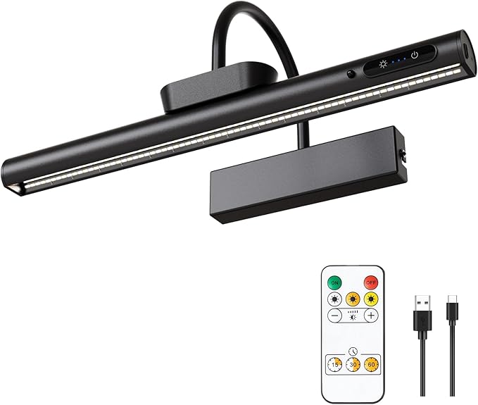 LYTARA Dimmable Cordless Picture Light with Controller and Timer, Rechargeable Battery Wall Sconce for Wall Pictures, Gallery Artwork, Paintings, Portraits, Dartboards (Black)