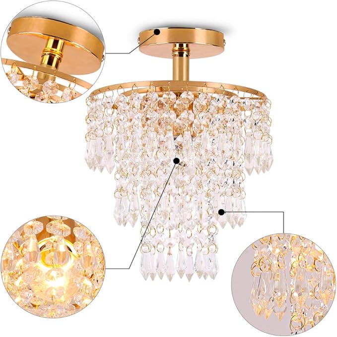 FRIXCHUR Mini Size Crystal Chandelier Modern Flush Mount Ceiling Light 3 Tiers Raindrops Crystal Pendant Lighting Fixture Decoration for Bedroom Hallway Living Room,E26 Base,Gold