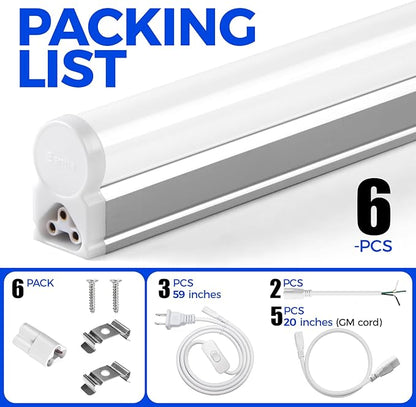 Barrina T5 LED Ceiling Light Fixtures, 2FT, 5000K (Daylight White), 1100LM, 10W, Corded Electric with Built-in ON/Off Switch, Linkable LED Shop Lights for Garage, Workshop, ETL Listed, 6 Packs