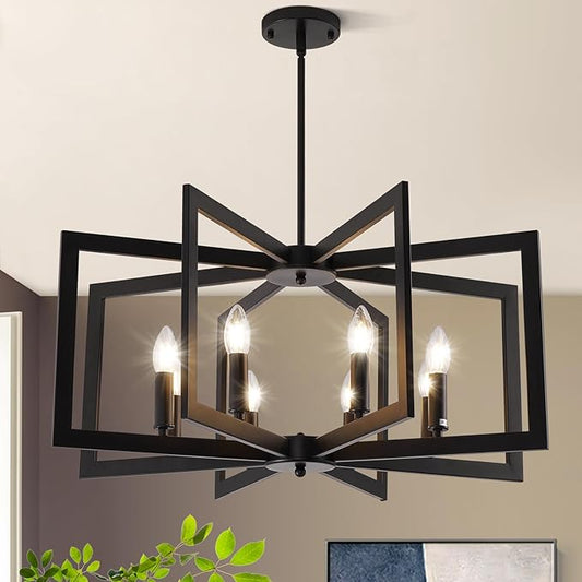 27.6"Modern Black Chandelier for Dining Room, 8-Light Easy To Install Farmhouse Dining Room Light Fixture Over Table, Industrial Hanging Pendant Lights for Kitchen Island, Living Room, Foyer, Entryway