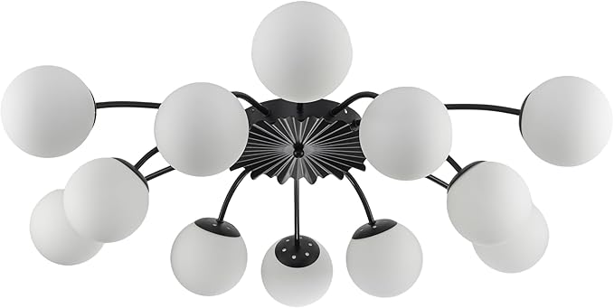 Longree 12-Light Black and White Sputnik Chandelier Opal Glass Flush Mount Ceiling Light Fixture with Blossom Accent, Mid Century Milk Glass Bubble Starburst Lighting for Dining Living