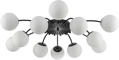 Longree 12-Light Black and White Sputnik Chandelier Opal Glass Flush Mount Ceiling Light Fixture with Blossom Accent, Mid Century Milk Glass Bubble Starburst Lighting for Dining Living