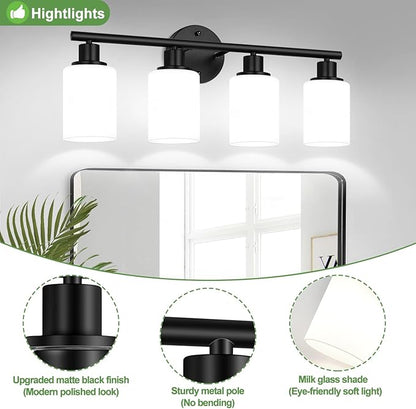 Zarbitta 4-Light Bathroom Light Fixtures, Black Modern Vanity Lights with Milky White Frosted Glass Shades, Bathroom Wall Lamp for Mirror Kitchen Living Room
