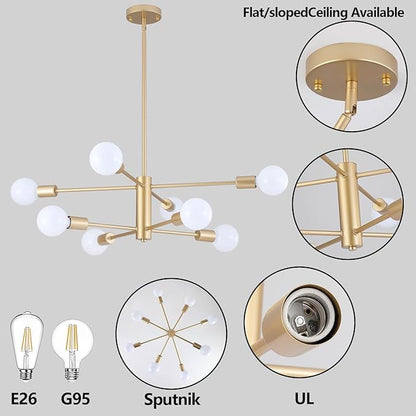 AMZASA Gold Sputnik Chandelier 8 Light Modern Industrial Mid Century Modern Light Fixture for Dining Room Kitchen Living Room Entryway Bedroom Plating Shining Gold Finished UL Listed