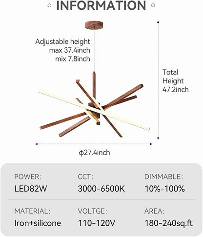 Modern Sputnik Chandelier Ceiling LED Black Pendant Light Embedded Mount Chandeliers Dining Room Light Fixtures Over Table Dimmable with Remote Control for Living Room Kitchen Bedroom (Wood Color)