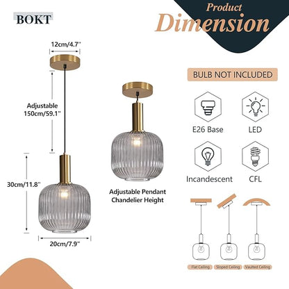 BOKT Modern Smoke Gray Glass Pendant Light 2-Pack Kitchen Island Globe Striped Pendant Lights Farmhouse Adjustable Cord Hanging Light Fixture for Dining Room