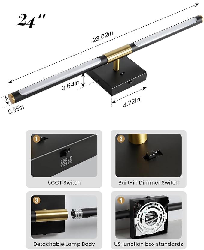 Black Gold Vanity Light Fixtures for Bathroom Over Mirror 24 inch LED Bath Sconces IP44 5CCT Adjustable Morden Picture Lights for Paintings (Built-in Dimmer)