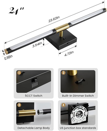 Black Gold Vanity Light Fixtures for Bathroom Over Mirror 24 inch LED Bath Sconces IP44 5CCT Adjustable Morden Picture Lights for Paintings (Built-in Dimmer)