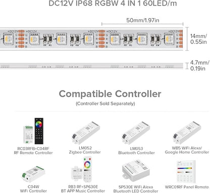 BTF-LIGHTING IP68 Waterproof Outdoor RGBW LED Strip 5050SMD RGB+Warm White(3000K-3500K) 4 Color in 1 DC12V 16.4ft 5m 60LED/m Multi-Colored Light White PCB Can Work Outdoor(No Adapter or Controller)