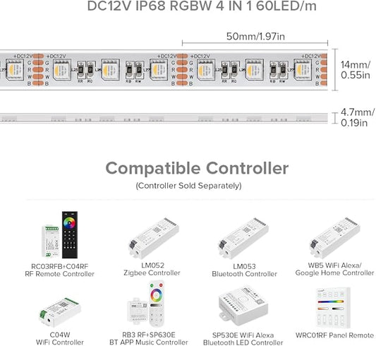 BTF-LIGHTING IP68 Waterproof Outdoor RGBW LED Strip 5050SMD RGB+Warm White(3000K-3500K) 4 Color in 1 DC12V 16.4ft 5m 60LED/m Multi-Colored Light White PCB Can Work Outdoor(No Adapter or Controller)