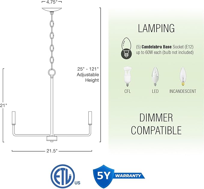 Kira Home Camille 22" Modern 5-Light Chandelier, Minimalist Candle-Style Silver Hanging Fixture, Oil Rubbed Bronze Finish