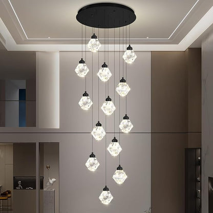 H138in Foyer Chandelier Staircase Chandeliers for High Ceiling Black Pendant Light Fixture 14-Lights Crystal Chandelier Lighting Fixture for Living Room Staircase Villa