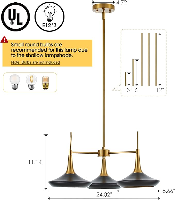 3-Lights Modern Chandelier,Black and Brass Chandelier for Dining Room Living Room,Mid-Century Pendant Light Fixtures,Industrial Hanging Light Fixture,E12