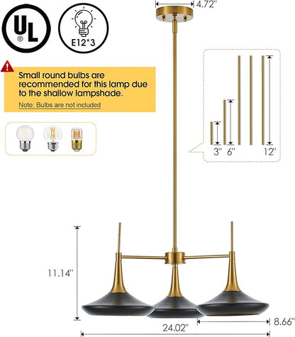 3-Lights Modern Chandelier,Black and Brass Chandelier for Dining Room Living Room,Mid-Century Pendant Light Fixtures,Industrial Hanging Light Fixture,E12