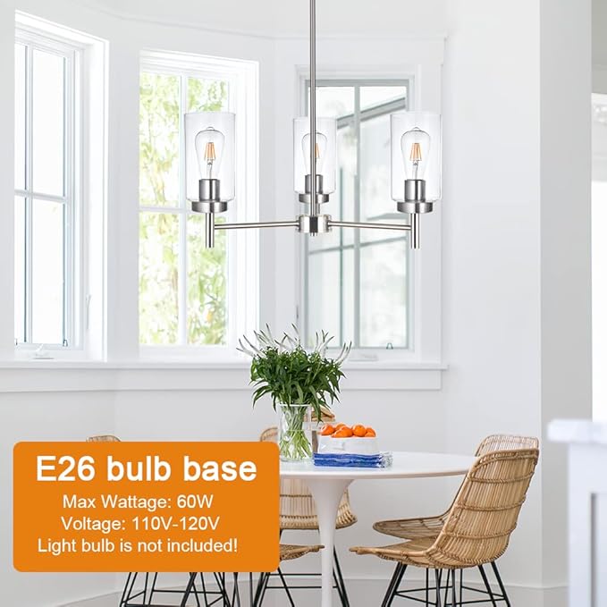 3 Lights Modern Chandeliers Metal Light Fixtures Ceiling Brushed Nickel Industrial Pendant Lighting for Dinging Room Living Room Kitchen Bedroom Hallway