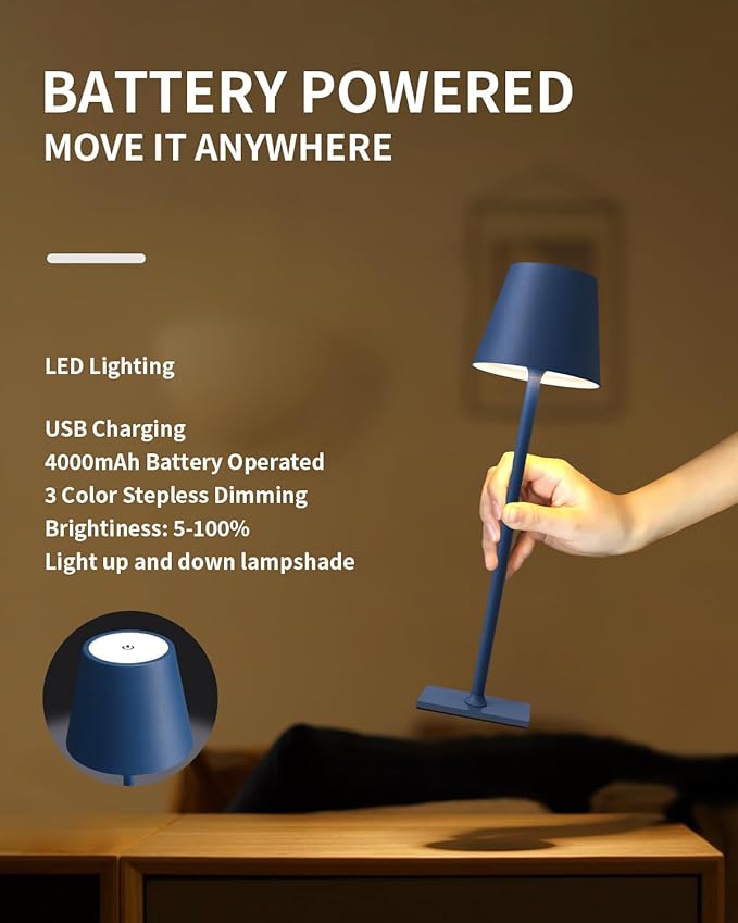 KDG 2 Pack Cordless Table Lamp,Portable LED Desk Lamp, 4000mAh Battery Operated, 3 Color Stepless Dimming Up, for Restaurant/Bedroom/Bars/Outdoor Party/Camping/Coffee Shop Night Light(Blue)