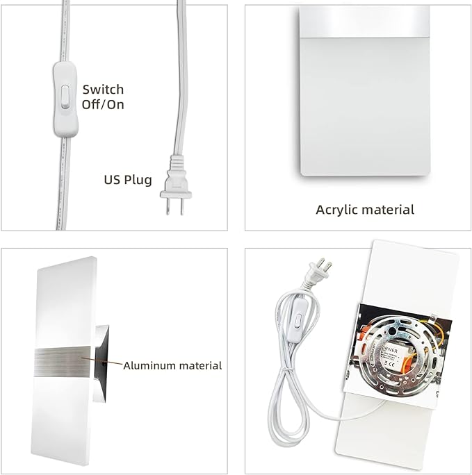 KICAAO Wall Sconces, Modern Wall Sconce Plug in 10W 6000K Cool White Acrylic Wall Lights with 6FT/180cm Plug in Cord and On/Off Switch on The Cord (1 Pack)