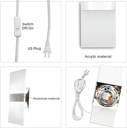 KICAAO Wall Sconces, Modern Wall Sconce Plug in 10W 6000K Cool White Acrylic Wall Lights with 6FT/180cm Plug in Cord and On/Off Switch on The Cord (1 Pack)