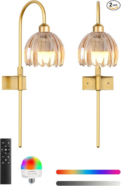 Vintage Battery Operated Wall Sconces Set of Two, Flower Wireless Rechargeable Battery Powered Wall Lights Lamp with Remote Control & Green Glass Lampshade,Gold Wall Sconces for Bedroom Living Room