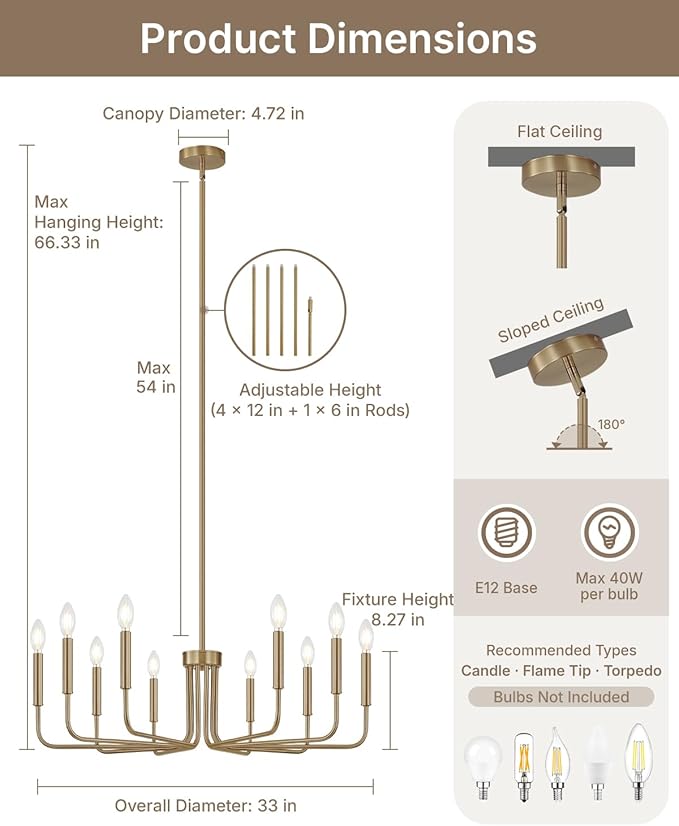 Yunnix 10 Light Champagne Bronze Chandelier, 33" Extra Large Modern Gold Chandelier - Brushed Honey Bronze Hanging Fixture for Dining Room, Kitchen Island, Living Room, Hall, Foyer