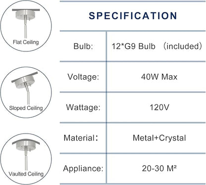 Depuley Chandelier Ceiling Light Fixture: 12-Light Modern Sputnik Chandelier for Dining Room - Height Adjustable Mid Century Chrome Crystal Chandelier for Bedroom Living Room (Included G9 Bulbs)