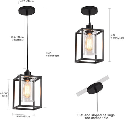Black Pendant Lights for Kitchen Island Industrial Lantern Pendant Light Fixtures with Clear Glass Shade, Farmhouse Adjustable Height Hanging Pendant Lighting