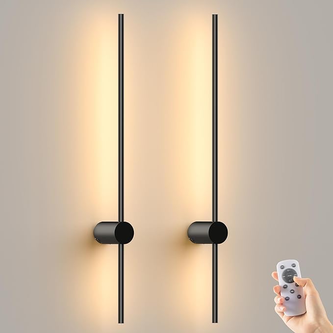JOFIOS Battery Operated Wall Sconces Set of 2,10000mAh Rechargeable Wireless Sconces with Remote Control,Dimmable Wall Lamps with 7 Colors,35.4 Inch Modern Black Wall Lights for Bedroom, Living Room