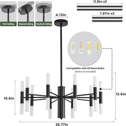 Modern Matte Black Chandelier 20-Light, Mid Century Sputnik Chandeliers with Acrylic Shades, 26.7" Candle Chandeliers for Dinging Room, High Ceilings, Living Room, Foyer, Entryway, G9 Base