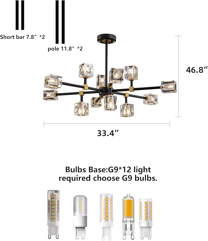 Black Crsytal Chandelier,Sputnik Chandeliers with 12-Lights,Modern Adjustable Height Semi Flush Mount Ceiling Light Fixture for Dining Room,Kitchen Island,Living Room,Bedroom