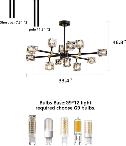 Black Crsytal Chandelier,Sputnik Chandeliers with 12-Lights,Modern Adjustable Height Semi Flush Mount Ceiling Light Fixture for Dining Room,Kitchen Island,Living Room,Bedroom