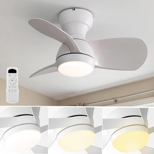 KEIKI 23 Inch Ceiling Fans with Lights & Remote Indoor, Outdoor Modern Ceiling Fan, Small Noiseless Fan w/Dimmable & Timer for Bedroom & Kitchen, 3 ABS Blades & 6 Speed Reversible DC Motor, White